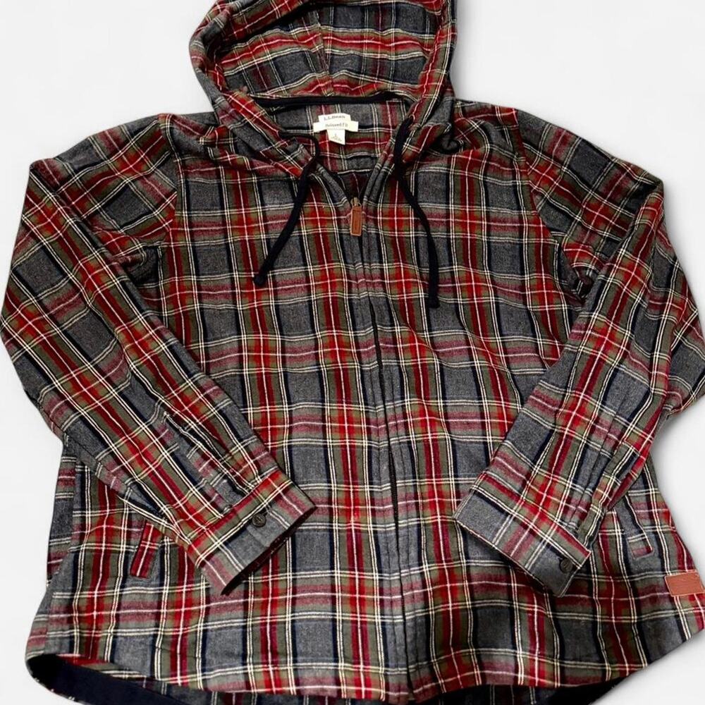 Vintage LL Bean Red Plaid 100% Cotton Zip Up Hoodie Size L Heritage Gorpcore